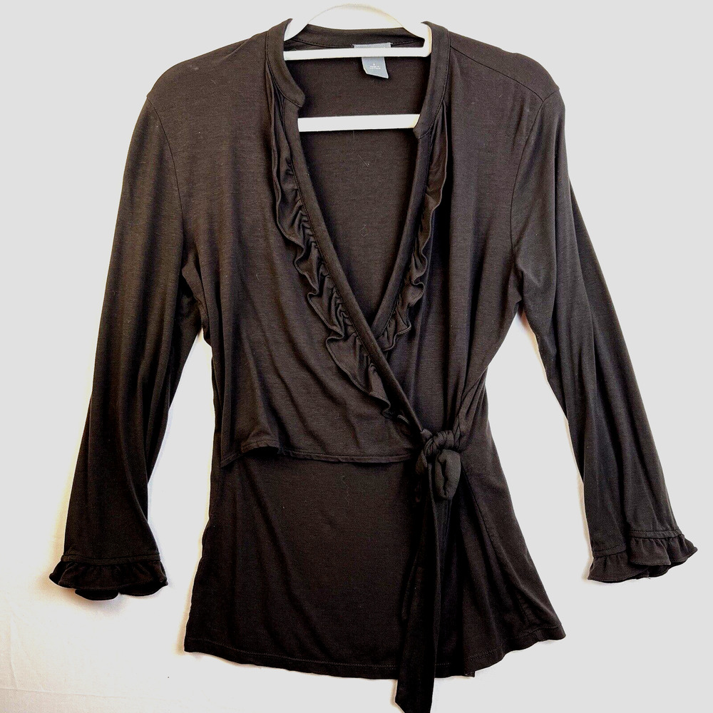 Ann Taylor Faux Wrap Top Women's Small Black Ruffles Career Minimalist V Neck